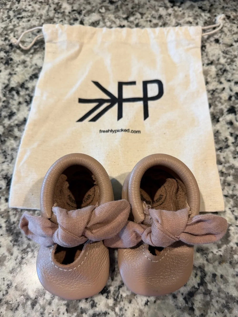 Freshly Picked Baby Girl Beige Blush Linen Bow Leather Moccasins